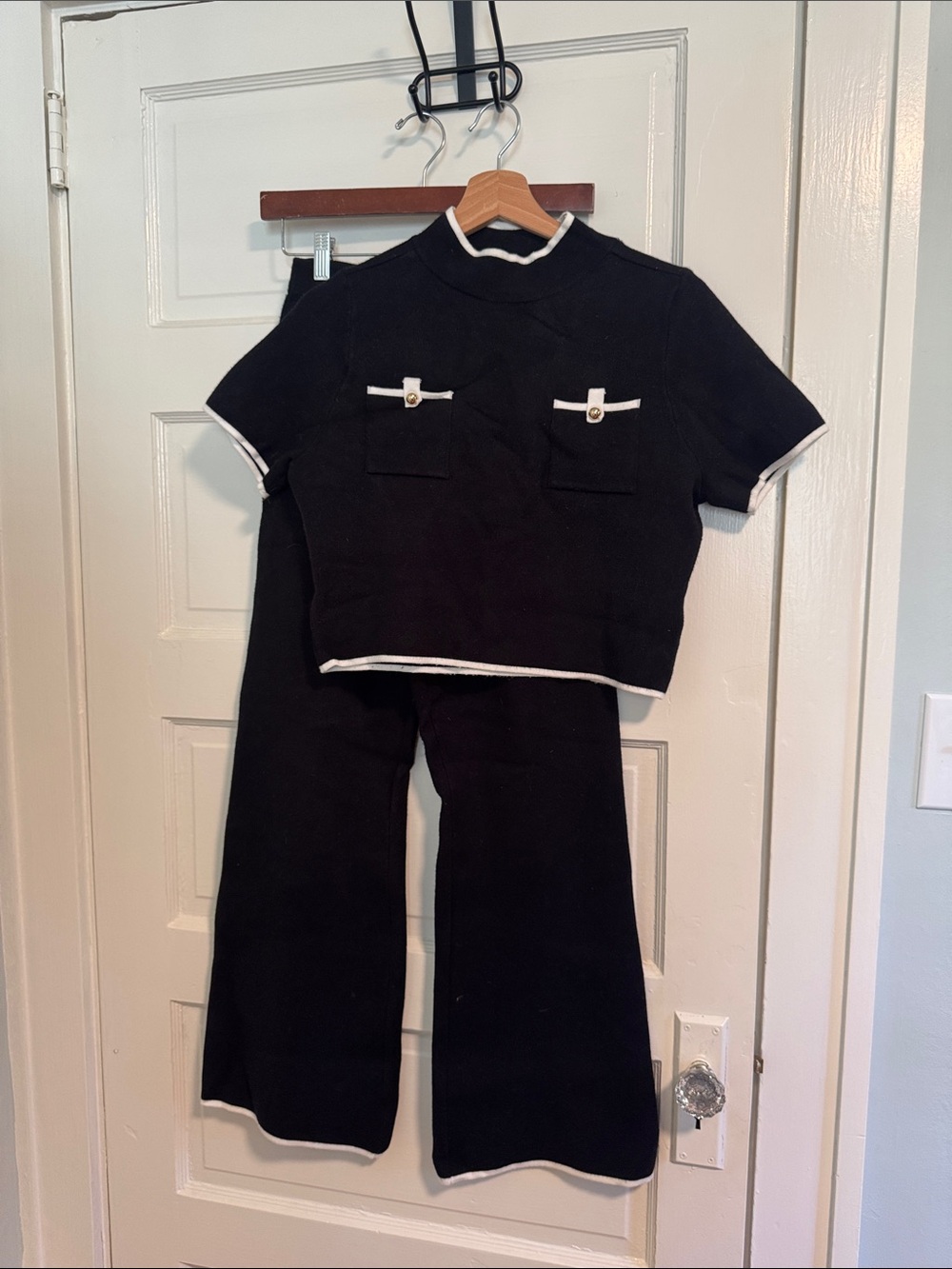 Black Two-Piece Knit Crop Top & Wide-Leg Pants